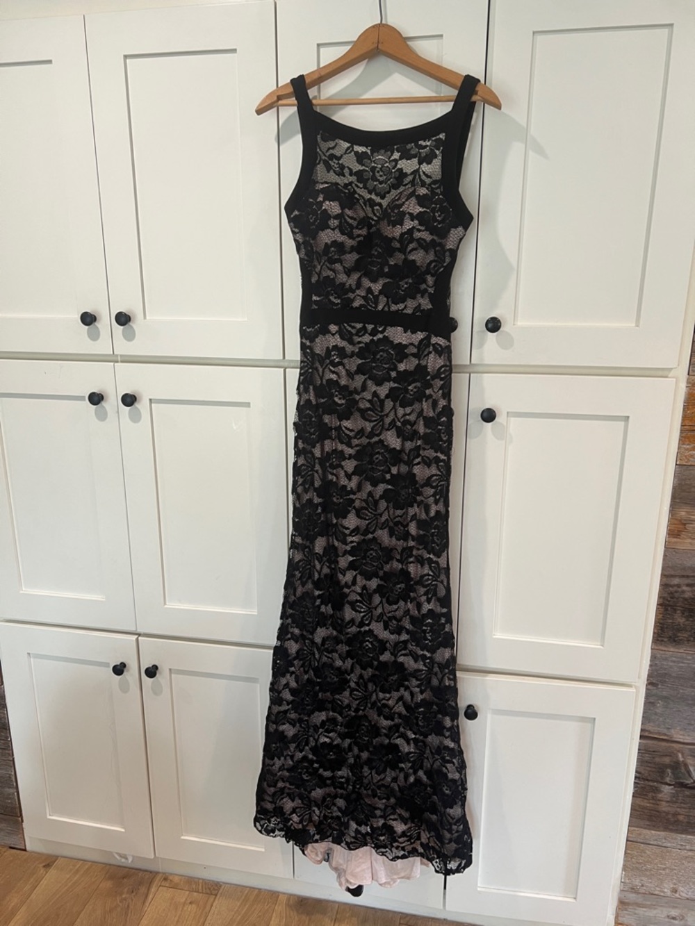Mori Lee Black Lace Overlay Evening Dress with Nude Lining size 5/6